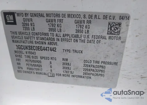 2014 Chevrolet Silverado 1500 1Lz z USA, uszkodzony, nr VIN 3GCUKSEC0EG447442